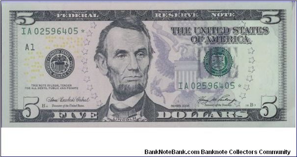 2006 COLORIZED $5 STAR NOTE 5 0F 15 CONSECUTIVE NOTES Banknote