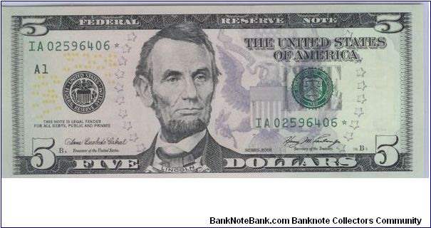 2006 COLORIZED $5 STAR NOTE 6 0F 15 CONSECUTIVE NOTES Banknote