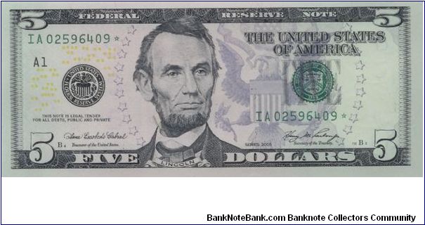 2006 COLORIZED $5 STAR NOTE 9 0F 15 CONSECUTIVE NOTES Banknote