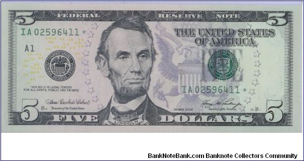 2006 COLORIZED $5 STAR NOTE 11 0F 15 CONSECUTIVE NOTES Banknote