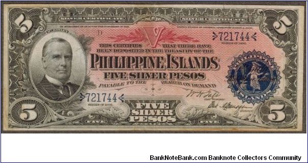 p26a 1903 5 Peso Silver Certificate  Wm. Taft Signature Banknote