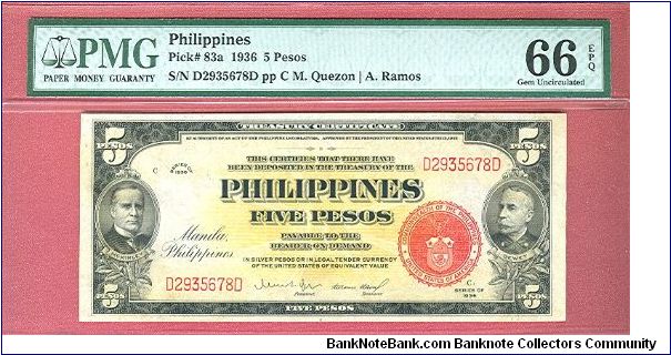Five pesos Treasury Certificate P-83a graded by PMG as Gem UNC 66 EPQ. Banknote