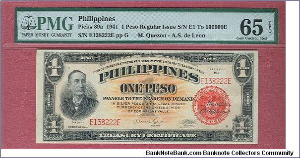 One Peso Treasury Certificate P-89a graded by PMG as Gem UNC 65 EPQ. Banknote
