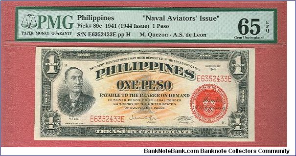 One peso Treasury Certificate  Naval Aviator's Issue P-89c graded by PMG as Gem UNC 65 EPQ. Banknote