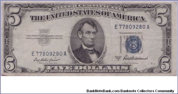 1953 A $5 SILVER CERTIFICATE Banknote