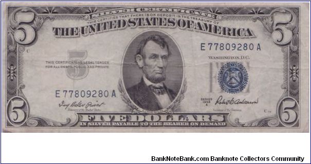 1953 A $5 SILVER CERTIFICATE Banknote