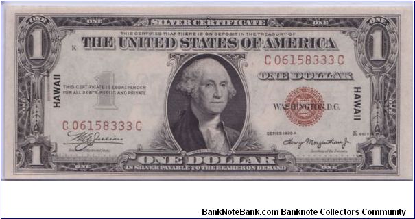 1935 A $1 HAWAII SILVER CERTIFICATE

(REVERSE PICTURE ALSO SHOWN) Banknote