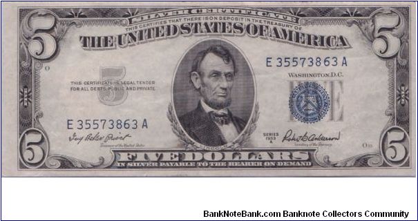 1953 A $5 SILVER CERTIFICATE Banknote