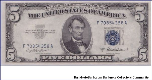 1953 A $5 SILVER CERTIFICATE Banknote