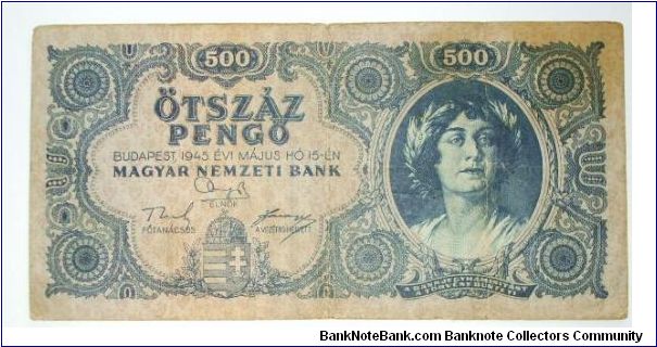 500 pengo 1945. spelling error on back, NIATISOT instead of PIATISOT ( in russian) Banknote
