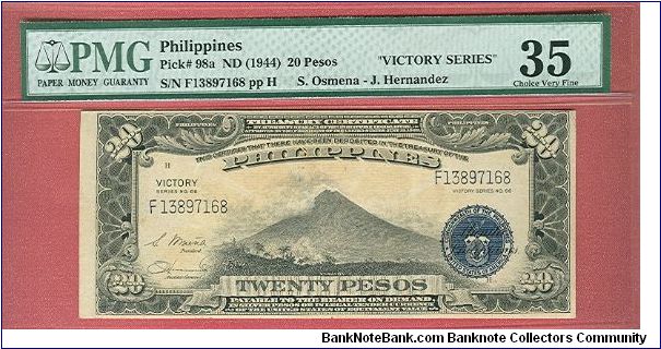 Twenty Pesos Victory Series 66 P-98a graded by PMG as Choice Very Fine 35. Banknote