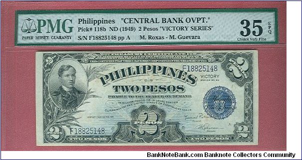 Two Pesos Victory with Central Bank Oveprint P-118b graded by PMG as Choice Very Fine 35. Banknote