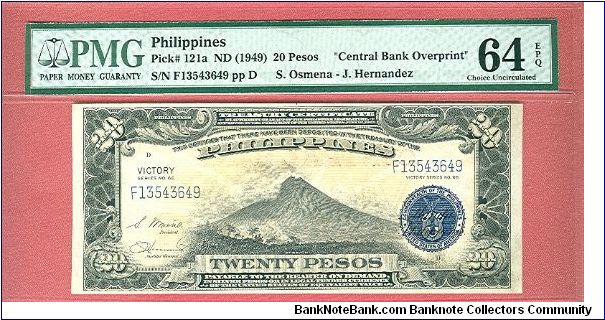 Twenty Pesos Victory Series 66 with Central Bank Overprint P-121a graded by PMG as Choice UNC 64 EPQ. Banknote
