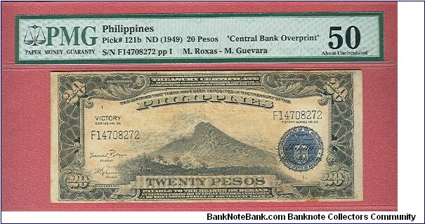 Twenty Pesos Victory Series 66 with central Bank Overprint P-121b (scarce signature) graded by PMG as About UNC 50. Banknote