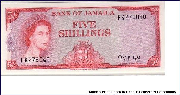 BANK OF JAMAICA-
 5/- QEII Banknote