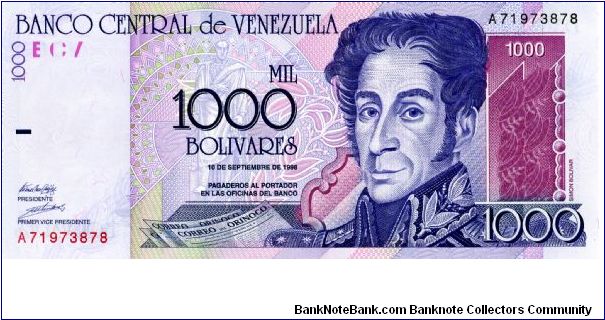 1000 Bolivares
Red/Black 
Sep 1998
Book & Simon Bolivar
Signing the Declaration of Indipendence
Wtmark S Bolivar Banknote