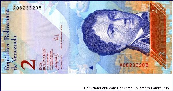 2 Bolivares
Blue/Brown
Francisco de Miranda & ships
Coat of arms & two Orinoco River Dolphins avd Medanos de Coros National park
Security thread
Wtmark F de Miranda Banknote