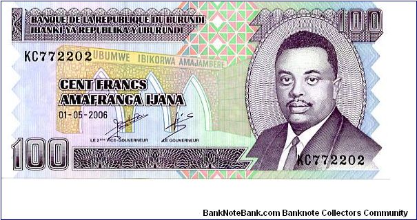 100 Francs 
Multi
Sig Le Gouverneur
Le 2eme Vice Gouverneur 
Prince Rwagasore
Prisoners working on comunity building 
Security thread Banknote