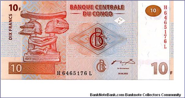 10 Francs 
Redbrown
Apui-tete Chef Luba carving of a couple 
Coupe en Bois Luba carving 
Security thread 
Wtmark Okapi? Banknote