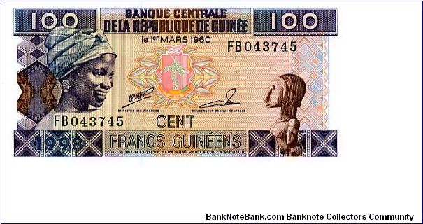 100 Francs
Multi
Young woman Coat of arms & statue
Harvesting bananas 
Security thread Banknote