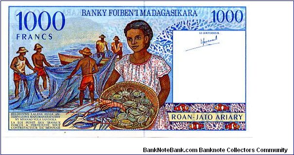 1000 Francs
Multi
Young woman with basket of shellfish & fishermen with nets 
Young man and fishing boats 
Security thread 
Wtmark Zebus head Banknote