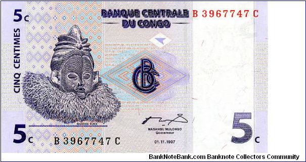 5 Centime 
Purple/Blue
Suku mask
Zande harp Banknote