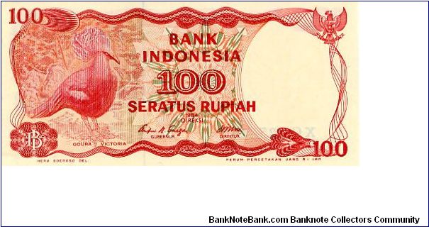 100 Rupiah
Red
Victoria crowned pigeon 
Asahan Dam
Wtrmrk Coat of arms Banknote