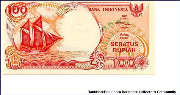 100 Rupiah 
Red
Sailboat Pinisi 
Volcano Anak Krakatau
Wtrmrk Man Banknote