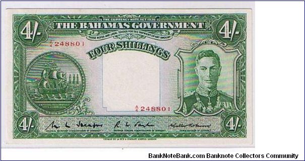 THE GOVERNMENT OF BAHAMAS-
 4/- KGVI Banknote