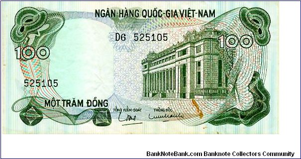 South Vietnam

100 Dong
Green/Blue/Red 
National Bank Building
Geometric pattern
Security thread
Wtrmrk Tran Hung Dao Banknote