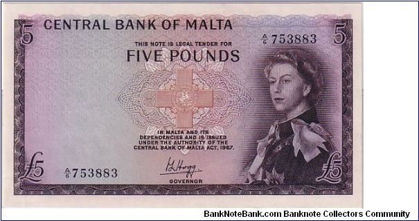 CENTRAL BANK OF MALTA-
 5 POUNDS Banknote