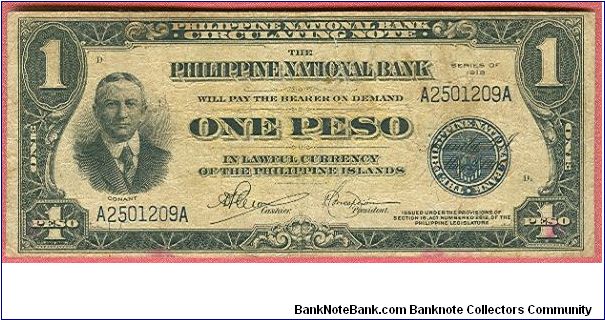 One peso Philippine National Bank Circulating Note P-44 (rare). Banknote