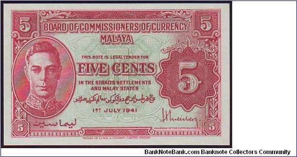 1941 Malaya 5 Cents Variety B & D, and Variety B & D Colour Error Banknote