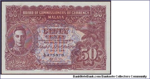 1941 Malaya 50 Cents Variety B & C Banknote