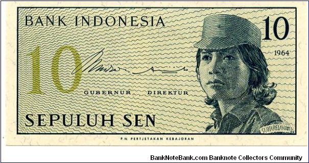 10 Sen
Green
Female volunteer in uniform 
Geometric designs Banknote