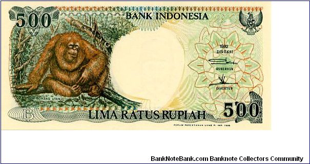 500 Rupiah 
Brown/Green
Orang utang in jungle setting
Jungle houses on stilts
Wtmrk Man Banknote