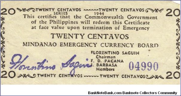 S-513b RARE Mindanao 20 centavos note. Banknote