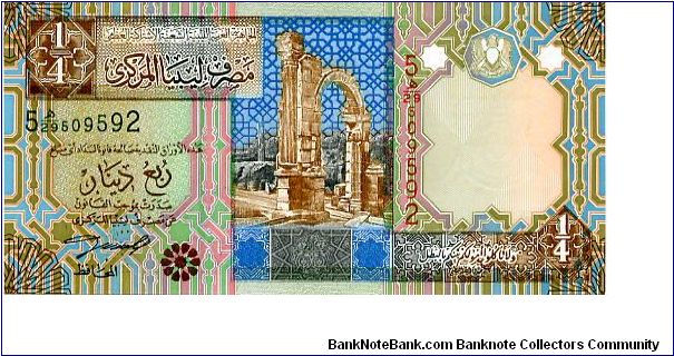 1/4 Dinar 
Multi  
Ruins 
Series 5
Palm trees & Fortress
Security thread
Wtrmrk Coat of arm Banknote