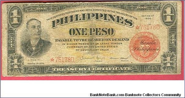 One Peso Treasury Certificate Starnote P-81. Banknote