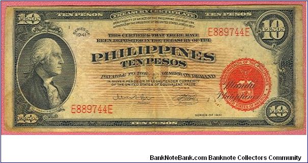 Ten Pesos Treasury Certificate released by the US Navy Department as Emergency Money Pockets. P-92c (Rare). Banknote