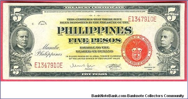 Five Pesos Treasury Certificate released to the Navy Department as  Aviators' Emergency Money Packets P-91c. (1 of 3 consecutive notes). Rare Banknote