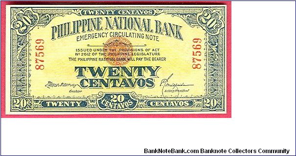 Twenty Centavos PNB Circulating Note P-40. Banknote