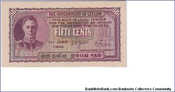 GOVERNMENT OF CEYLON-KGVI
50CENTS Banknote