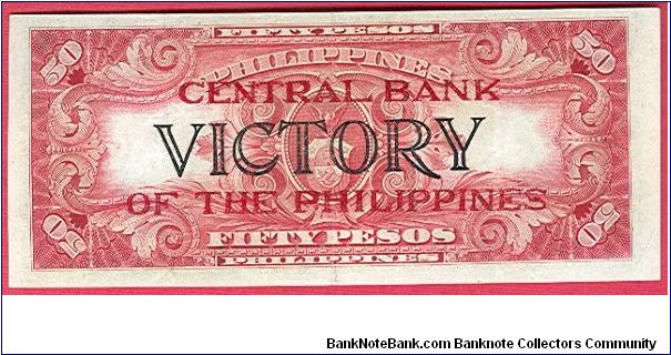 Fifty Pesos Victory Series 66 with Central Bank of the Philippines ovpt., thin letters. P-122b. Banknote