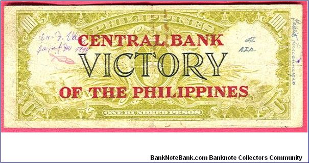 One Hundred Pesos Victory with Central Bank of the Philippines ovpt., thick letters P-123a. Banknote