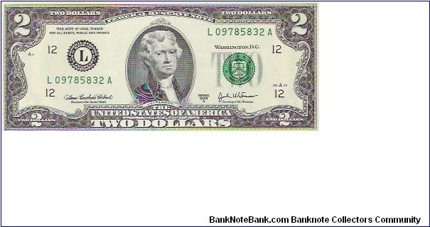 2 DOLLARS

SERIE 2003-A

L09785832A Banknote
