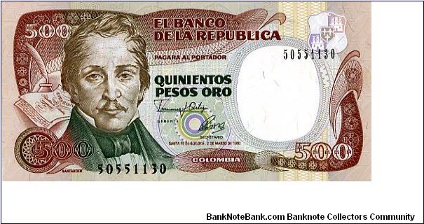 500 pesos
Brown/Green
Brigadier General Francisco José de Paula Santander y Omaña 5th President of New Granada 1832 to 1836 
Casa De Moneda with coin press, Santa Fe de Bogatar
Security thread
Wtrmrk S Bolivar Banknote