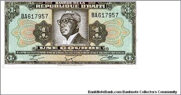 1 Gourde
Brown
Pres. Dr. Francois Duvalier
Value & coat of arms
T de la Rue Banknote