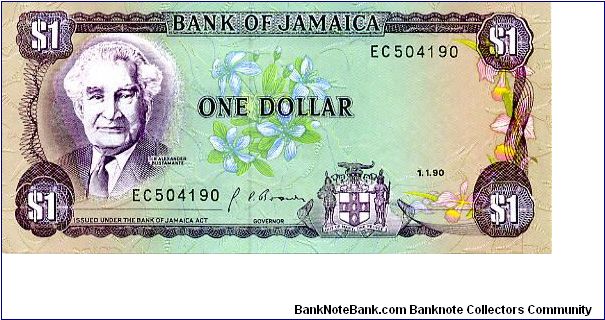 $1
Purple/Green/Blue 
Governer G. Arthur Brown
Sir Alexander Bustamante & Blue Mahoe (Hibiscus elatus)
Tropical harbour 
Security thread
Wtrmrk Pineapple
T de la Rue Banknote