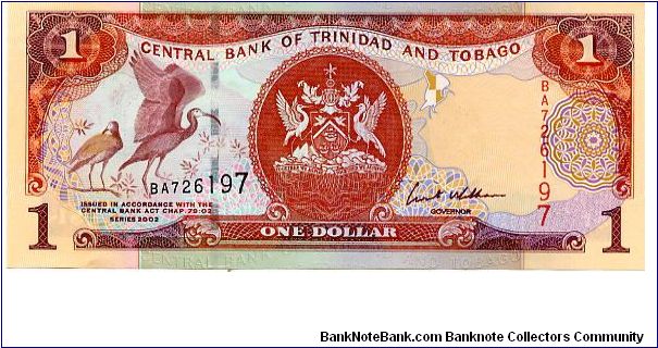 $1
Red/Blue/Cream
Governer M Duberan
Scarlet Ibis & coat of arms 
Oil refinery 
Security thread
Wtrmrk Bird Banknote